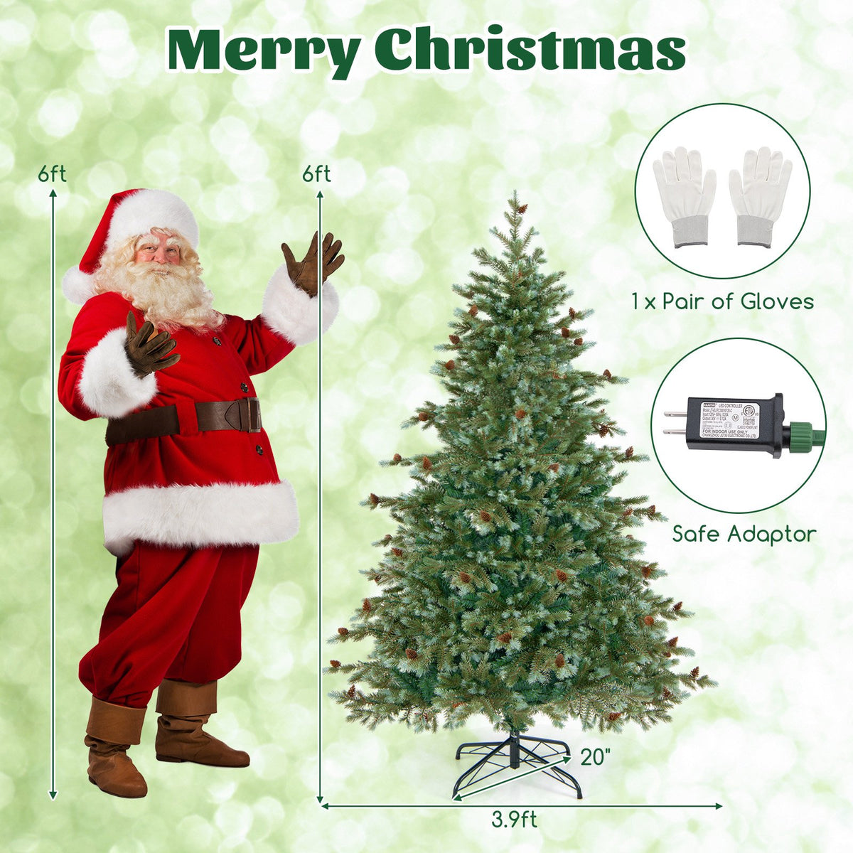 6/7/8 Feet Christmas Tree with Warm White LED Lights and Pine Cones-6 ft view 5