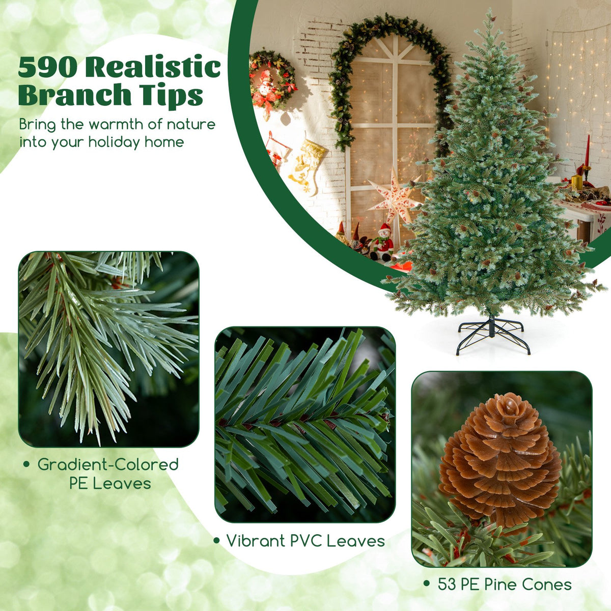 6/7/8 Feet Christmas Tree with Warm White LED Lights and Pine Cones-6 ft view 8
