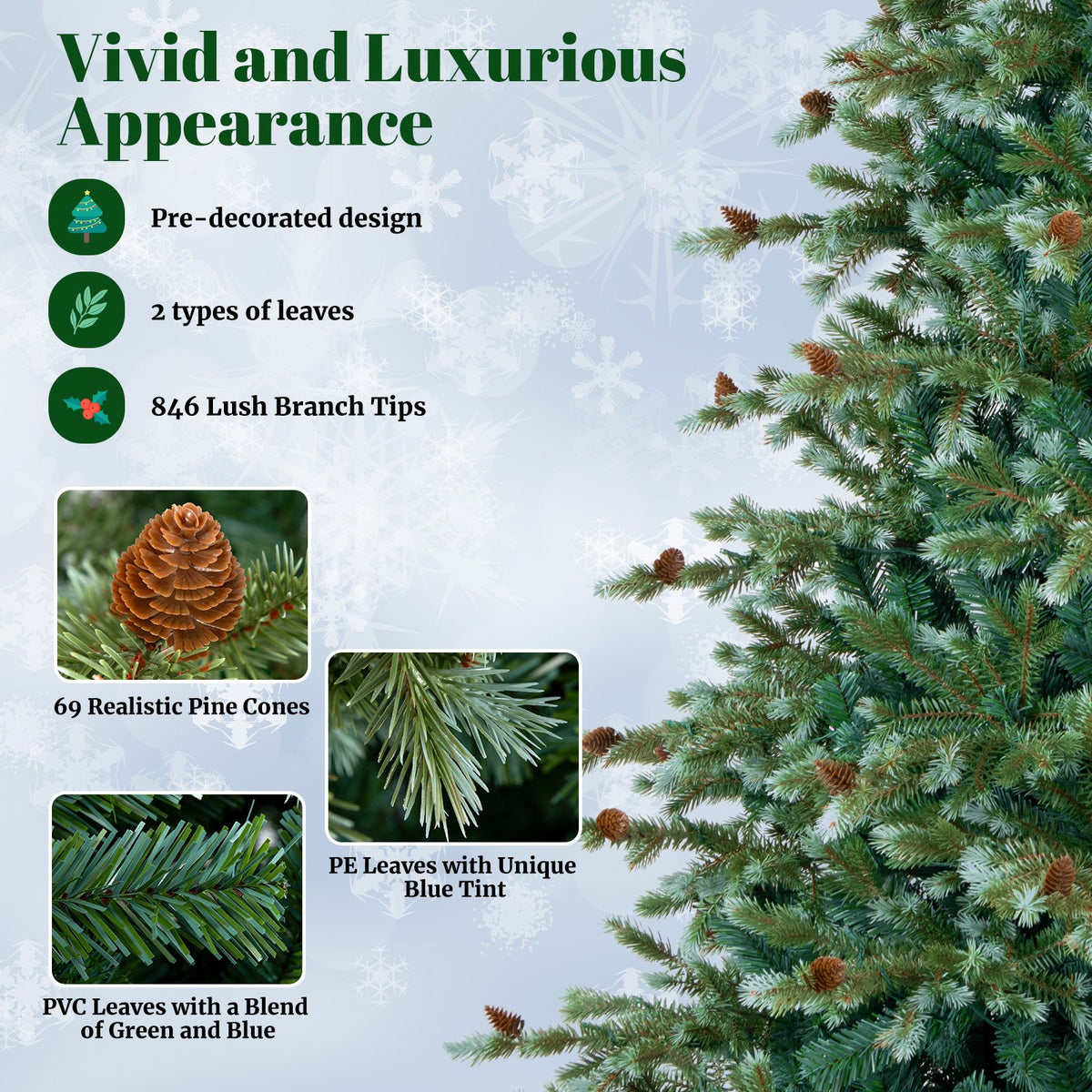 6/7/8 Feet Christmas Tree with Warm White LED Lights and Pine Cones-7 ft view 6