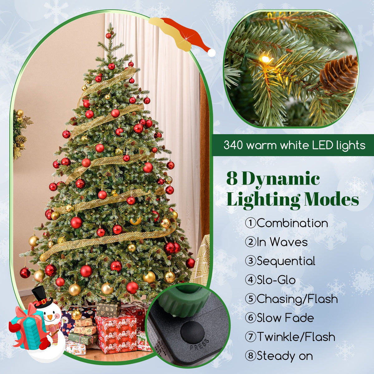 6/7/8 Feet Christmas Tree with Warm White LED Lights and Pine Cones-7 ft view 7
