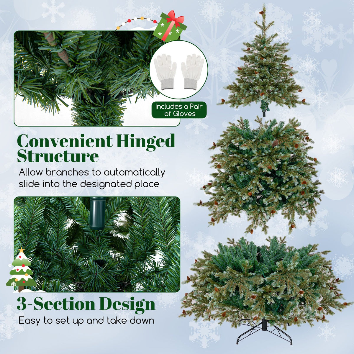 6/7/8 Feet Christmas Tree with Warm White LED Lights and Pine Cones-7 ft view 8