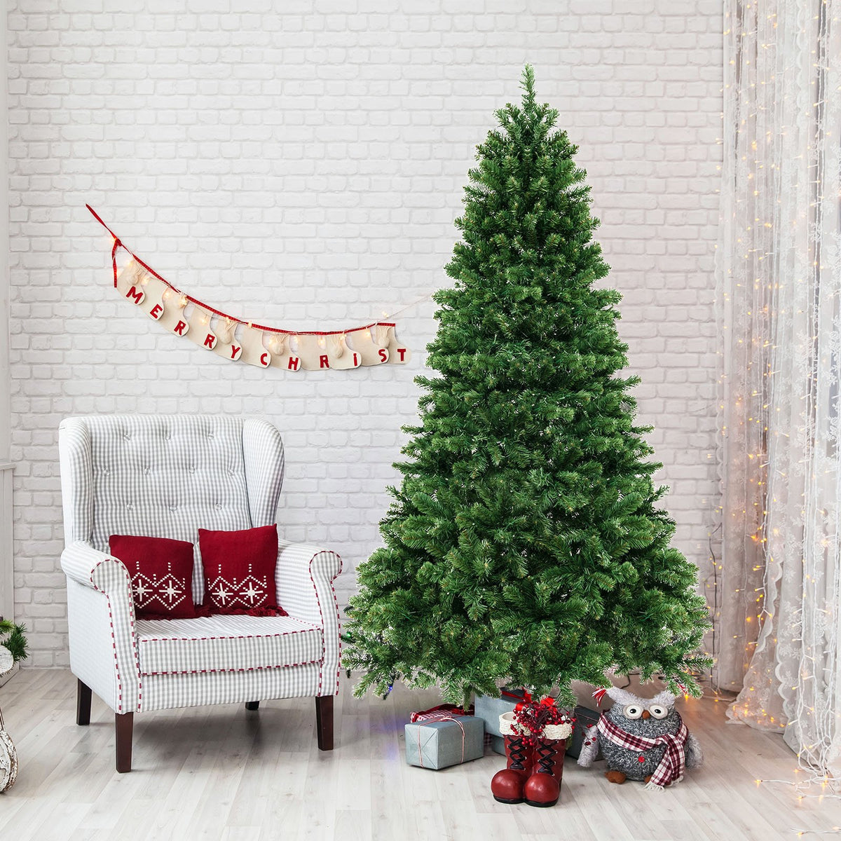 6/7/8 Feet Hinged Christmas Tree with PVC Branch Tips Warm White LED Lights-7 ft view 2