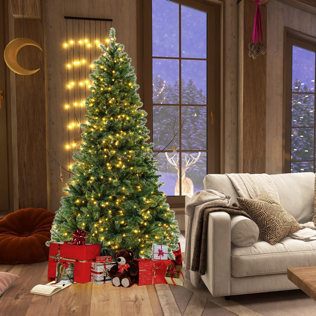 6/7/8 Feet Hinged Christmas Tree with PVC Branch Tips Warm White LED Lights-7 ft view 6