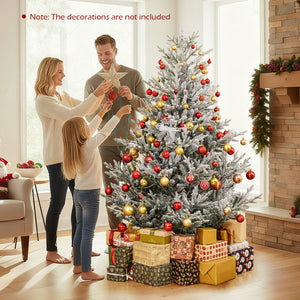 6/7/8 Feet Pre-Lit Artificial Christmas Tree Hinged Snow Flocked Xmas Tree-6 ft view 6