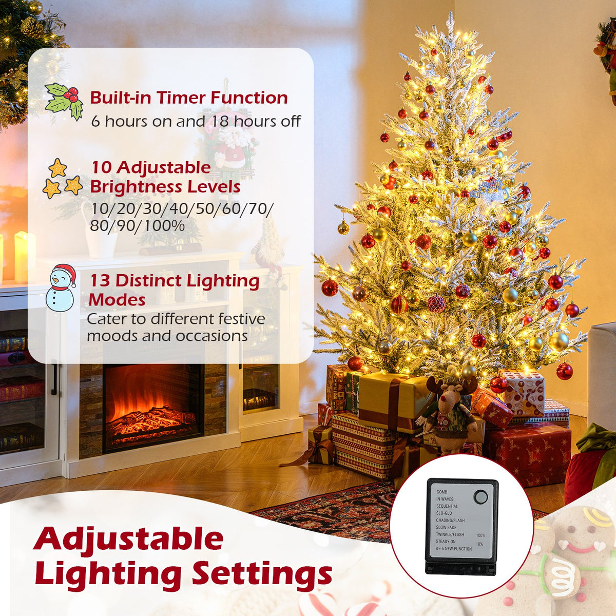 6/7/8 Feet Pre-Lit Artificial Christmas Tree Hinged Snow Flocked Xmas Tree-6 ft view 9