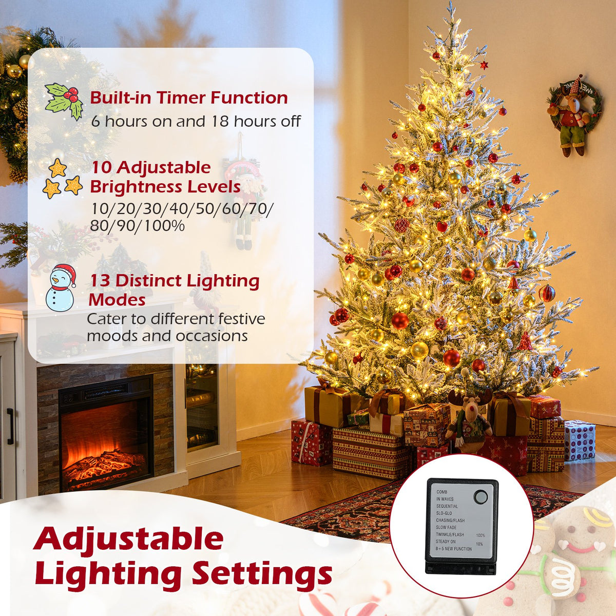 6/7/8 Feet Pre-Lit Artificial Christmas Tree Hinged Snow Flocked Xmas Tree-7 ft view 9