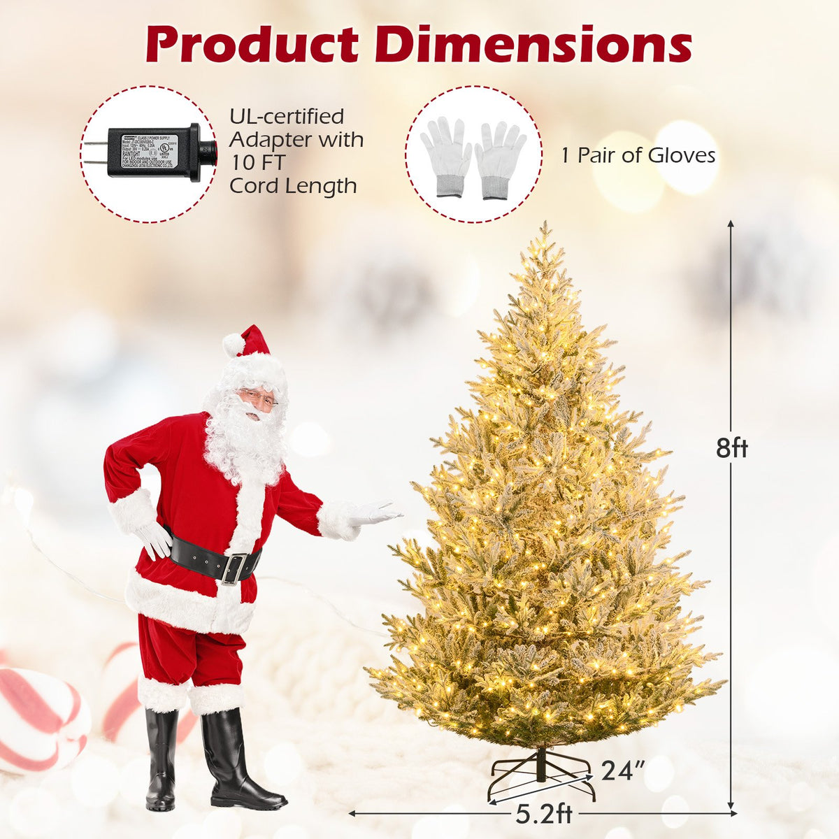 6/7/8 Feet Pre-Lit Artificial Christmas Tree Hinged Snow Flocked Xmas Tree-8 Feet view 5
