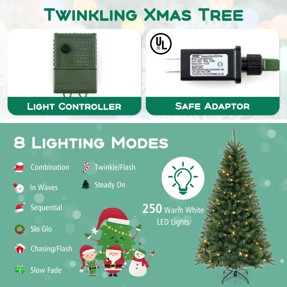 6/7/8 FT Artificial Christmas Tree with 568/830/1182 Branch Tips and 200/250/400 Warm White LED Lights-L view 7