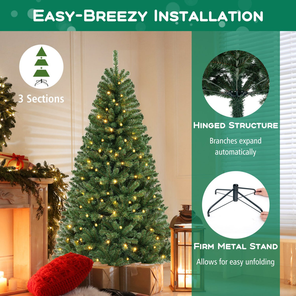 6/7/8 FT Artificial Christmas Tree with 568/830/1182 Branch Tips and 200/250/400 Warm White LED Lights-L view 9