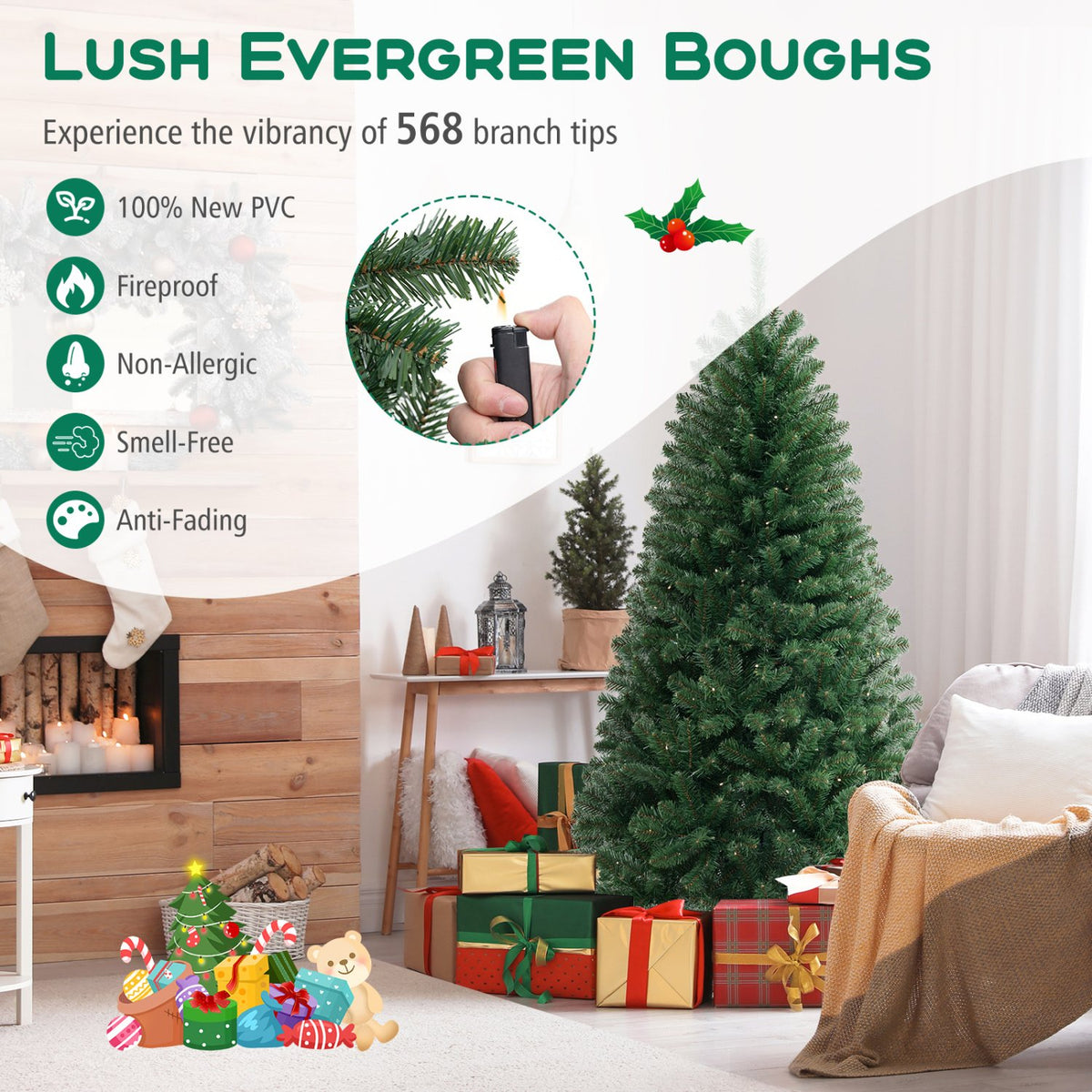 6/7/8 FT Artificial Christmas Tree with 568/830/1182 Branch Tips and 200/250/400 Warm White LED Lights-M view 8