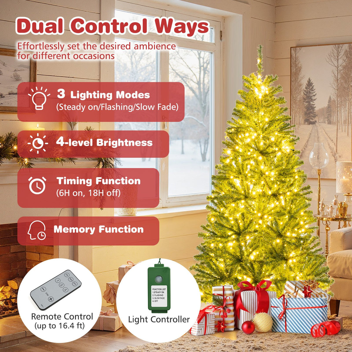 6/7/8 FT Pre-Lit Artificial Christmas Tree with Remote Control and LED Lights-S view 6