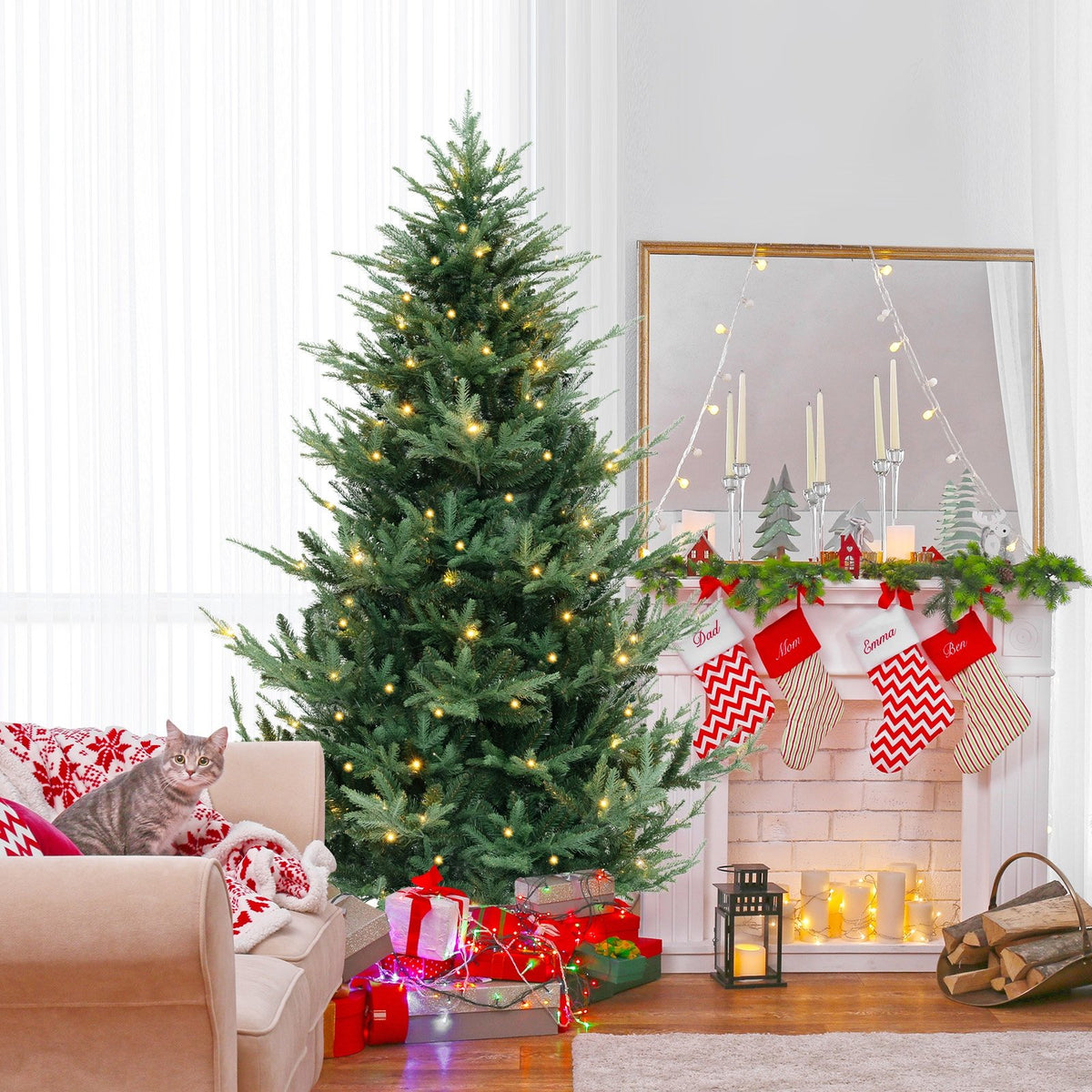 6/7/8 FT Pre-Lit Artificial Hinged Xmas Tree with 778/1480 PVC and PE Branch Tips-L view 2