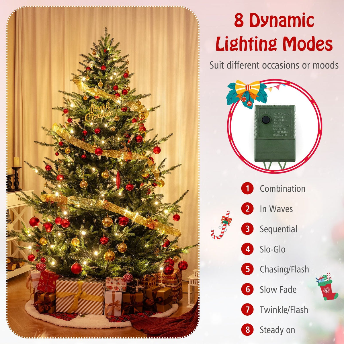 6/7/8 FT Pre-Lit Artificial Hinged Xmas Tree with 778/1480 PVC and PE Branch Tips-L view 9