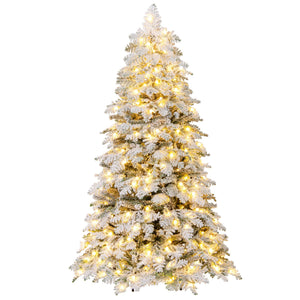 6/7 Feet Artificial Snow-flocked Christmas Tree Pre-lit Hinged Xmas Tree with 130 Twinkle Balls-6 Feet