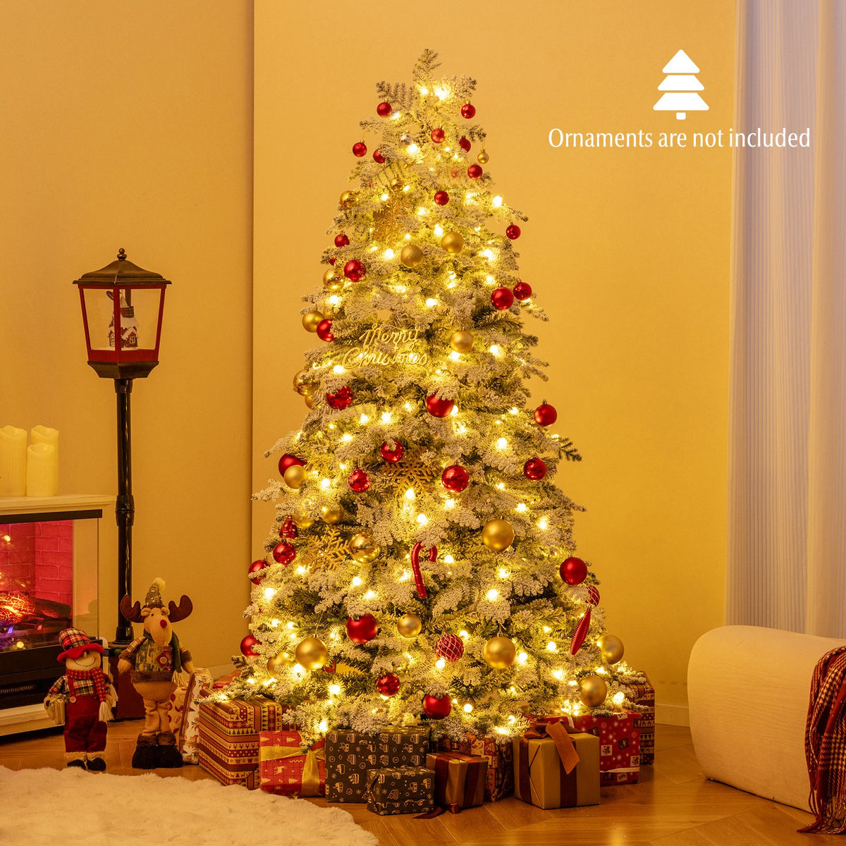 6/7 Feet Artificial Snow-flocked Christmas Tree Pre-lit Hinged Xmas Tree with 130 Twinkle Balls-6 Feet view 2
