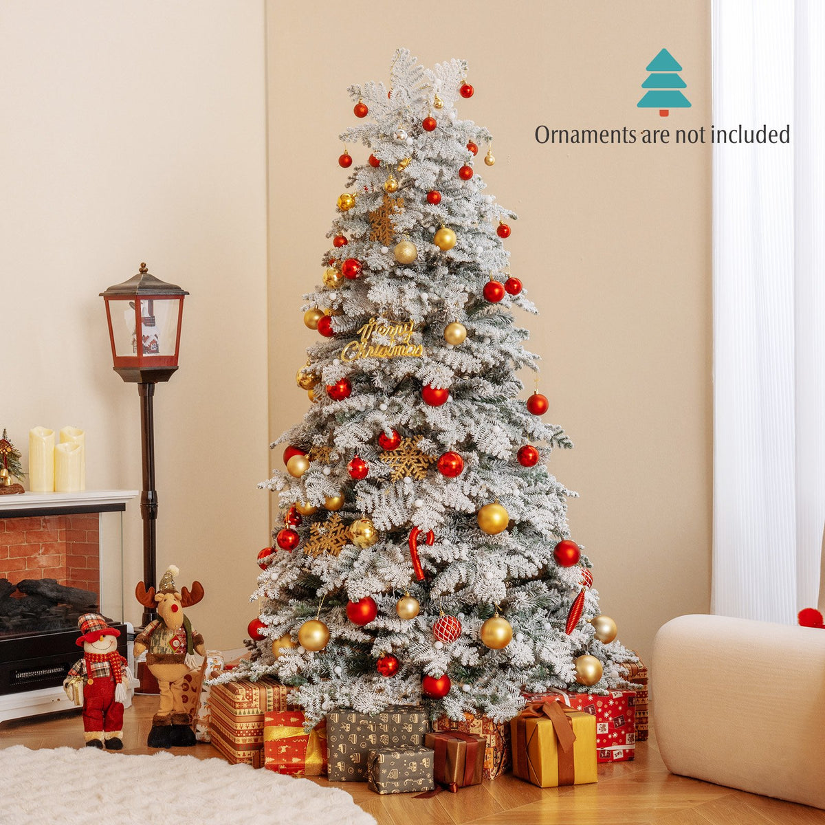 6/7 Feet Artificial Snow-flocked Christmas Tree Pre-lit Hinged Xmas Tree with 130 Twinkle Balls-6 Feet view 3
