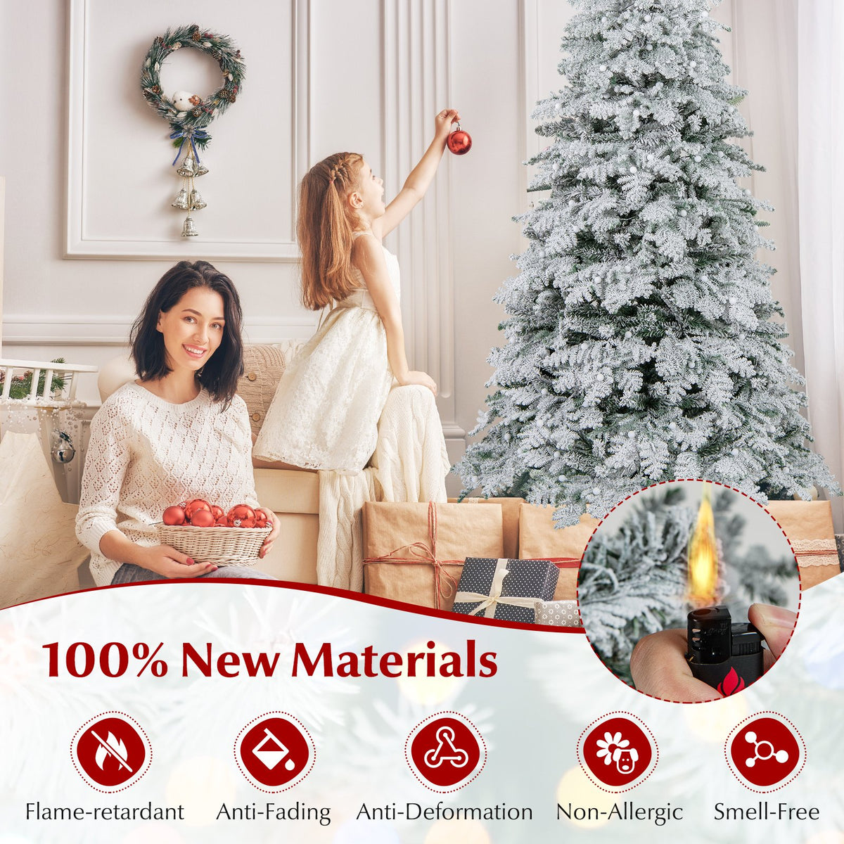 6/7 Feet Artificial Snow-flocked Christmas Tree Pre-lit Hinged Xmas Tree with 130 Twinkle Balls-6 Feet view 7
