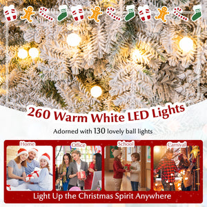 6/7 Feet Artificial Snow-flocked Christmas Tree Pre-lit Hinged Xmas Tree with 130 Twinkle Balls-6 Feet view 8