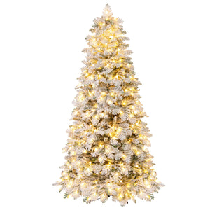 6/7 Feet Artificial Snow-flocked Christmas Tree Pre-lit Hinged Xmas Tree with 130 Twinkle Balls-7 Feet