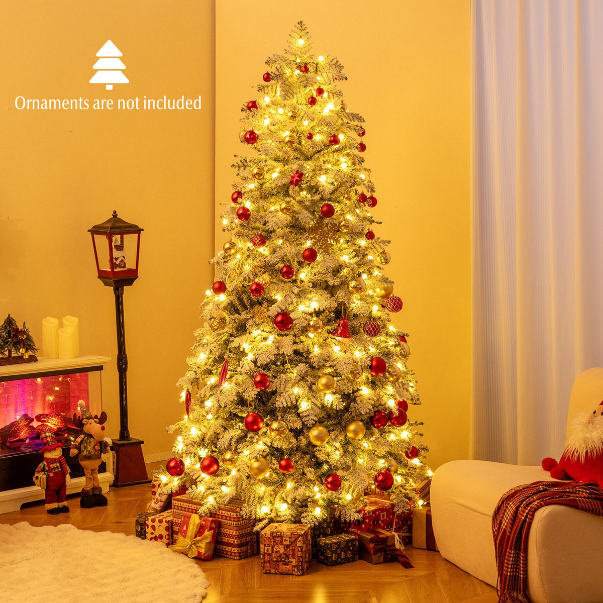 6/7 Feet Artificial Snow-flocked Christmas Tree Pre-lit Hinged Xmas Tree with 130 Twinkle Balls-7 Feet view 2
