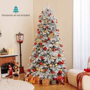 6/7 Feet Artificial Snow-flocked Christmas Tree Pre-lit Hinged Xmas Tree with 130 Twinkle Balls-7 Feet view 3