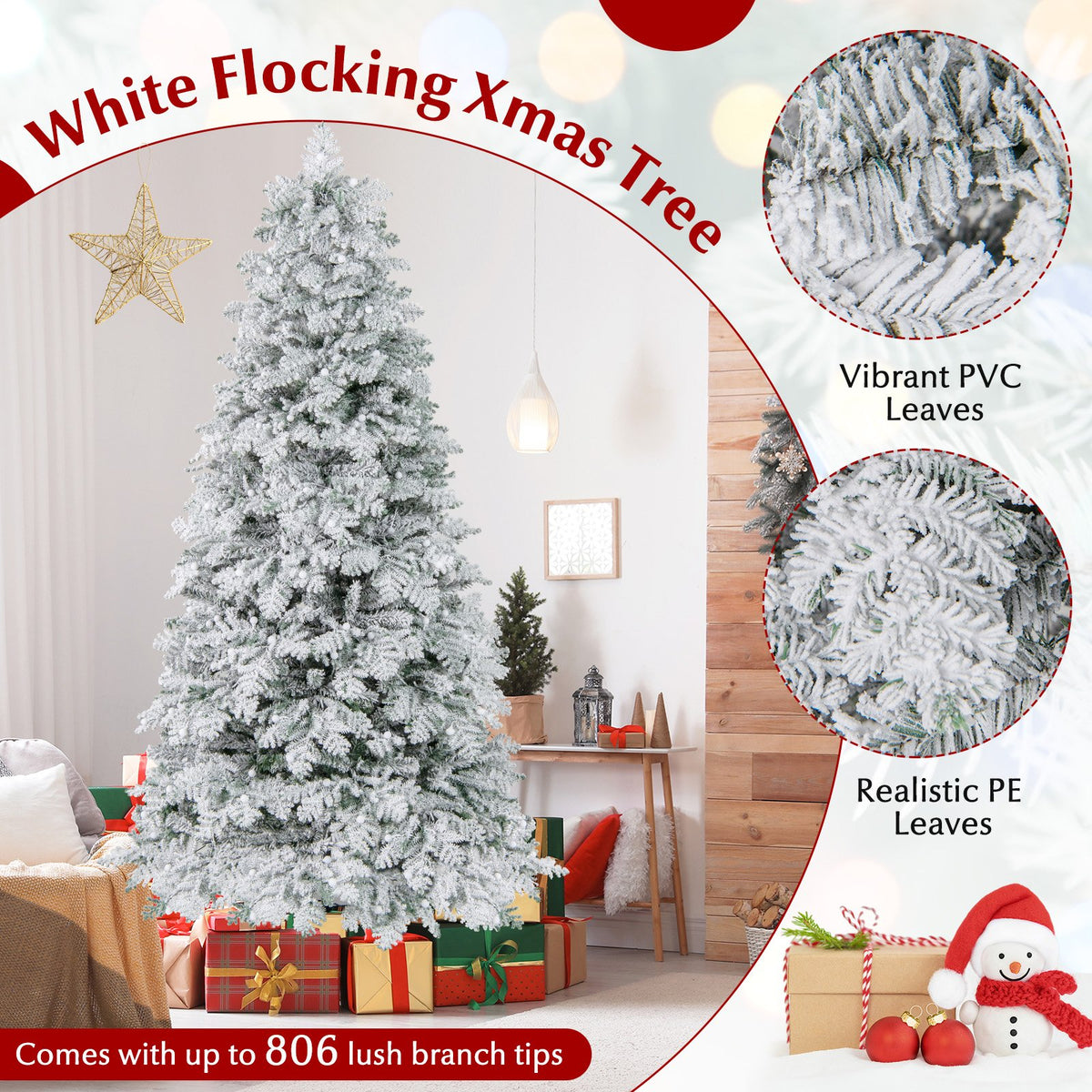 6/7 Feet Artificial Snow-flocked Christmas Tree Pre-lit Hinged Xmas Tree with 130 Twinkle Balls-7 Feet view 6