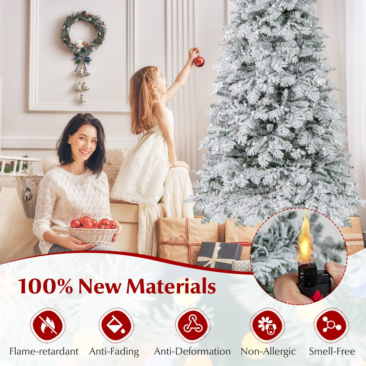 6/7 Feet Artificial Snow-flocked Christmas Tree Pre-lit Hinged Xmas Tree with 130 Twinkle Balls-7 Feet view 7
