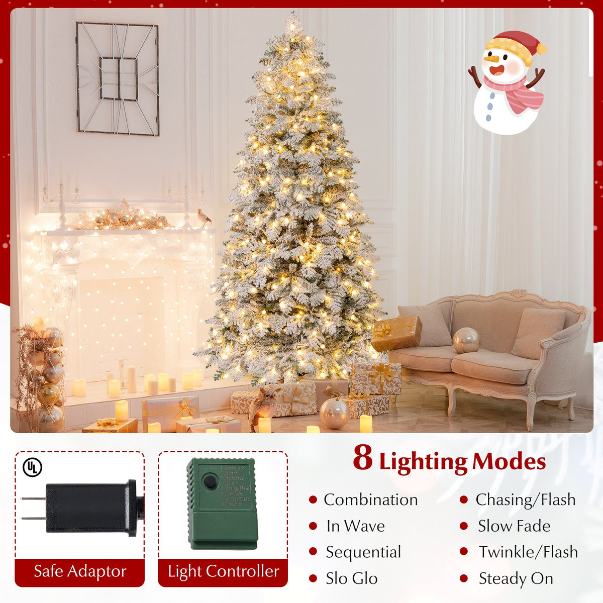 6/7 Feet Artificial Snow-flocked Christmas Tree Pre-lit Hinged Xmas Tree with 130 Twinkle Balls-7 Feet view 9