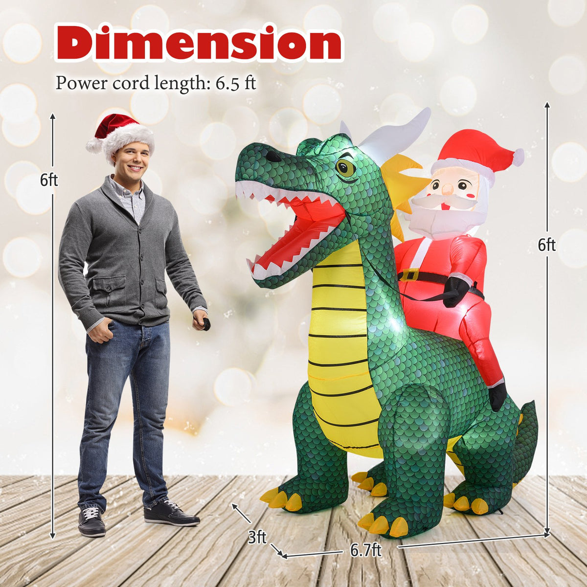 6.7 Feet Christmas Inflatable Santa Claus Ride on Dinosaur with Built-in LED Lights view 4