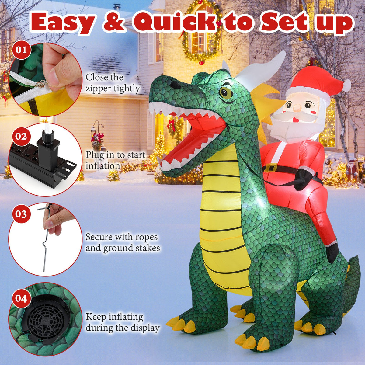 6.7 Feet Christmas Inflatable Santa Claus Ride on Dinosaur with Built-in LED Lights view 6