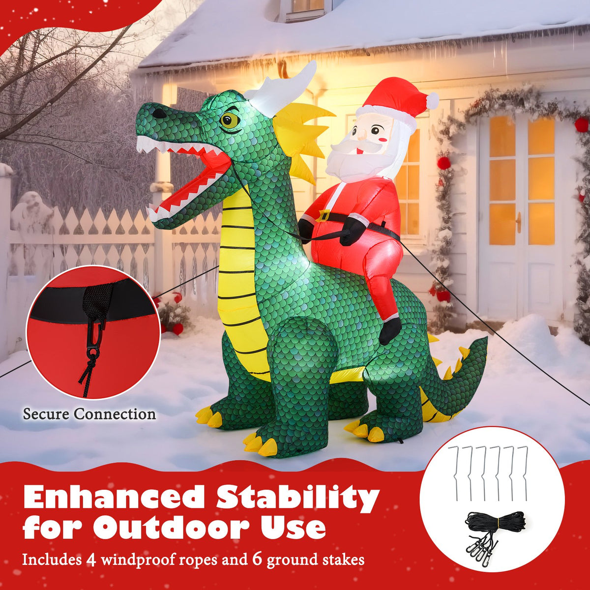 6.7 Feet Christmas Inflatable Santa Claus Ride on Dinosaur with Built-in LED Lights view 7
