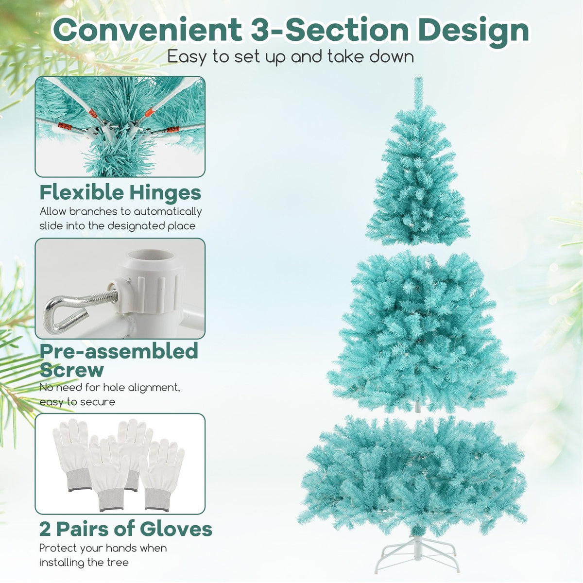 6/7 FT Blue Artificial Christmas Tree with 280/380 Warm White LED Lights and Foldable Metal Stand-6 FT view 8