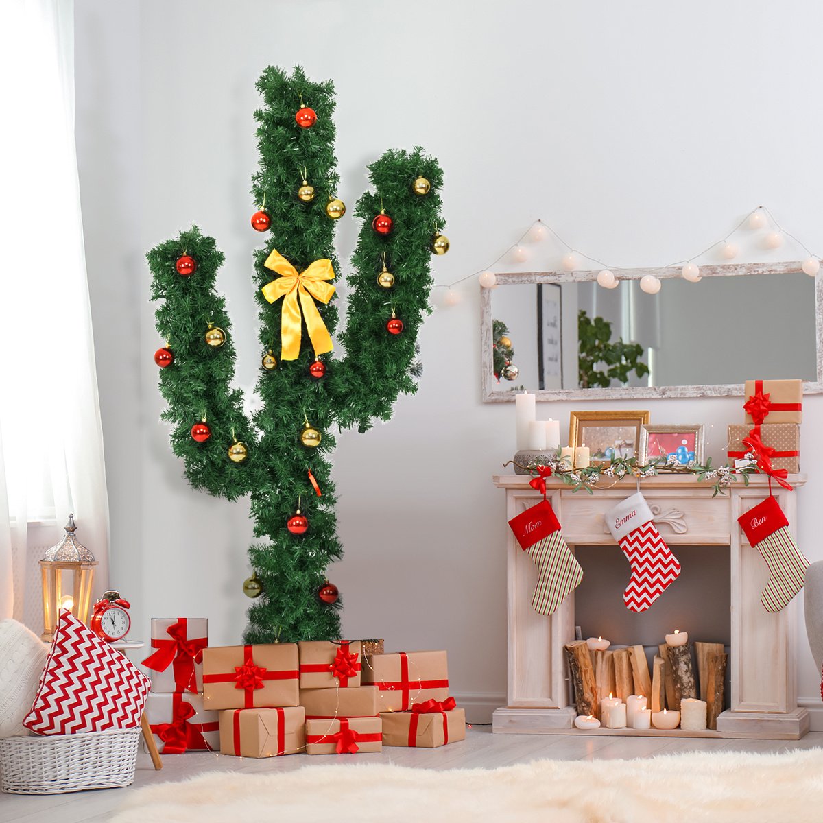 6 Feet Artificial Cactus PVC Christmas Tree with LED Lights and Ball Ornaments-6 ft view 3