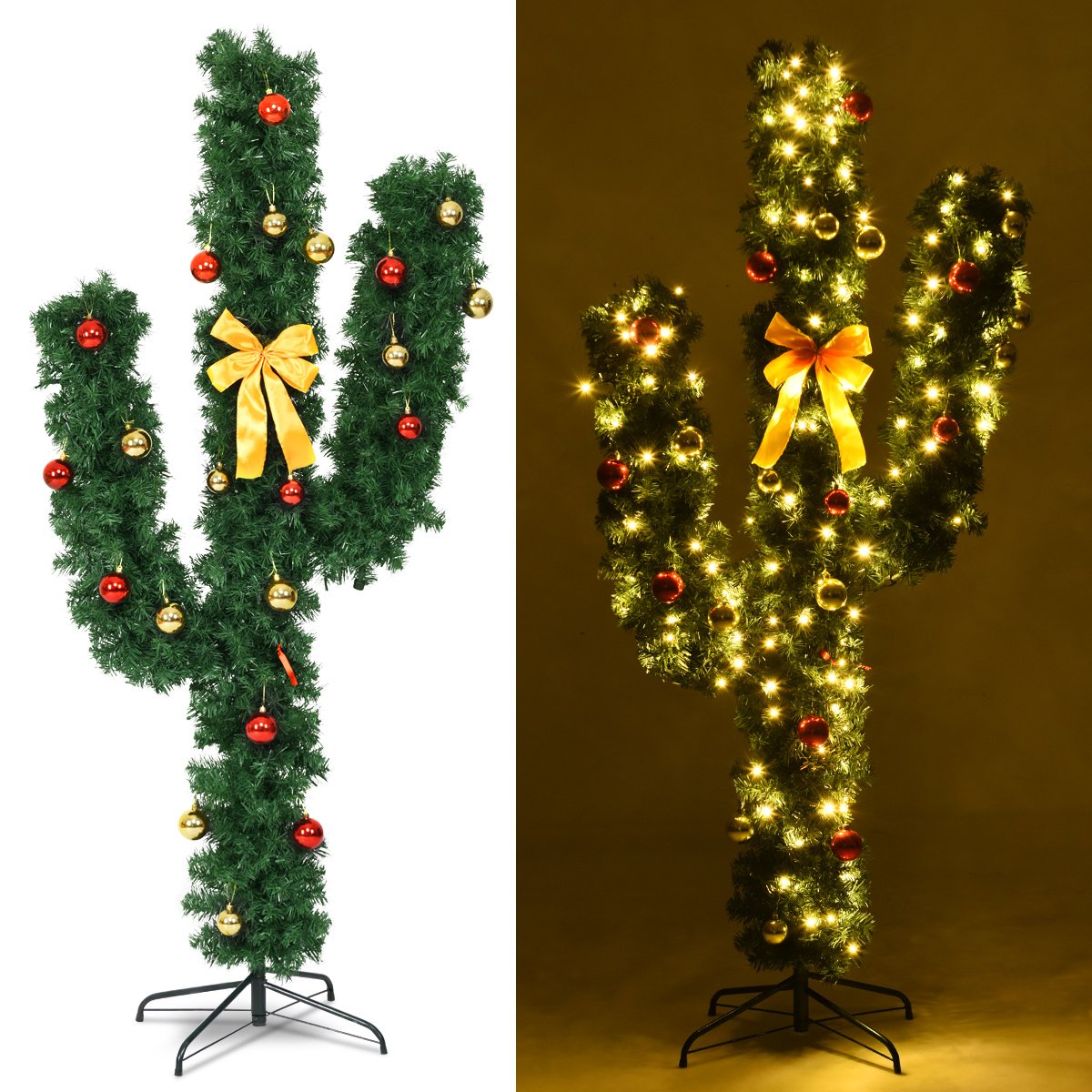 6 Feet Artificial Cactus PVC Christmas Tree with LED Lights and Ball Ornaments-6 ft view 8