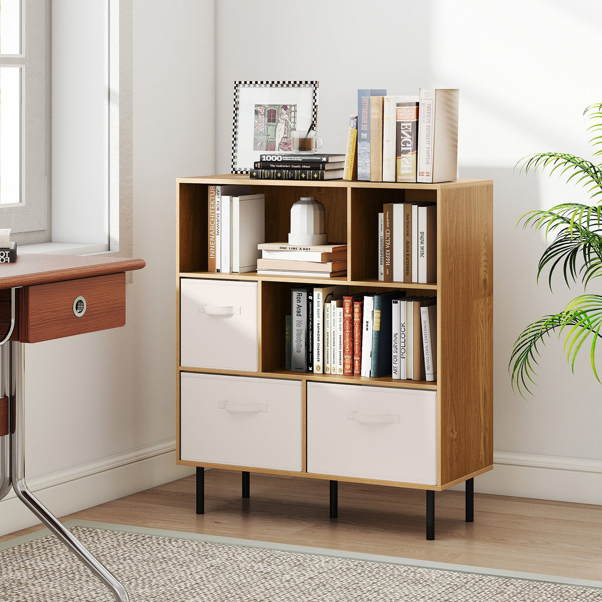 6-Cube Bookshelf with 3 Removable Folding Fabric Drawers for Living Room-Natural view 2