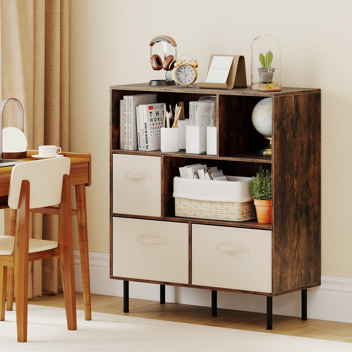 6-Cube Bookshelf with 3 Removable Folding Fabric Drawers for Living Room-Rustic Brown view 2