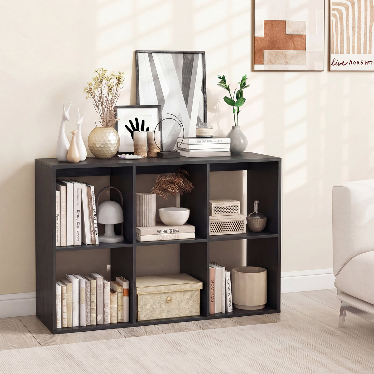 6 Cube Bookshelf with Back Guardrail for Living Room Bedroom-Black view 2