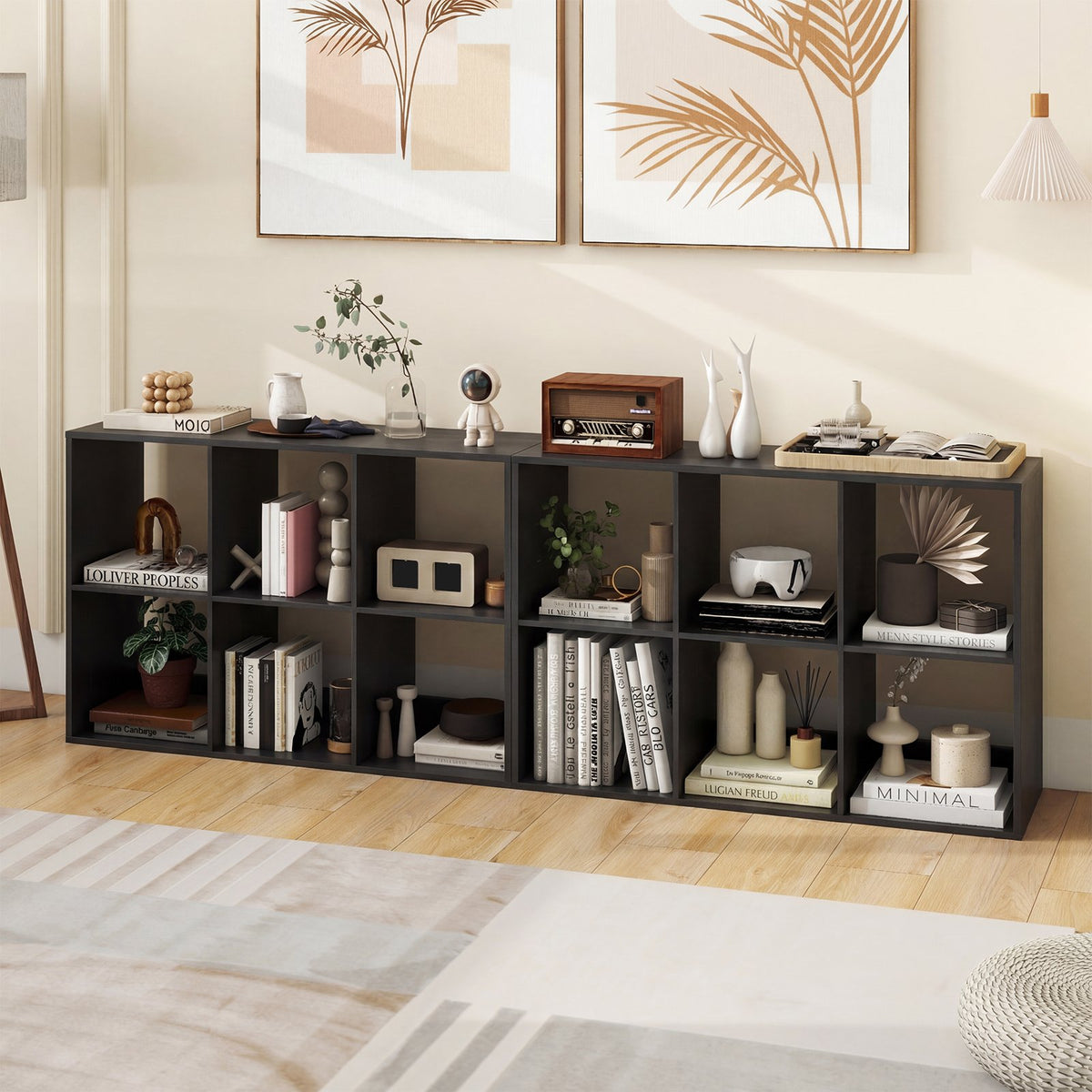 6 Cube Bookshelf with Back Guardrail for Living Room Bedroom-Black view 3