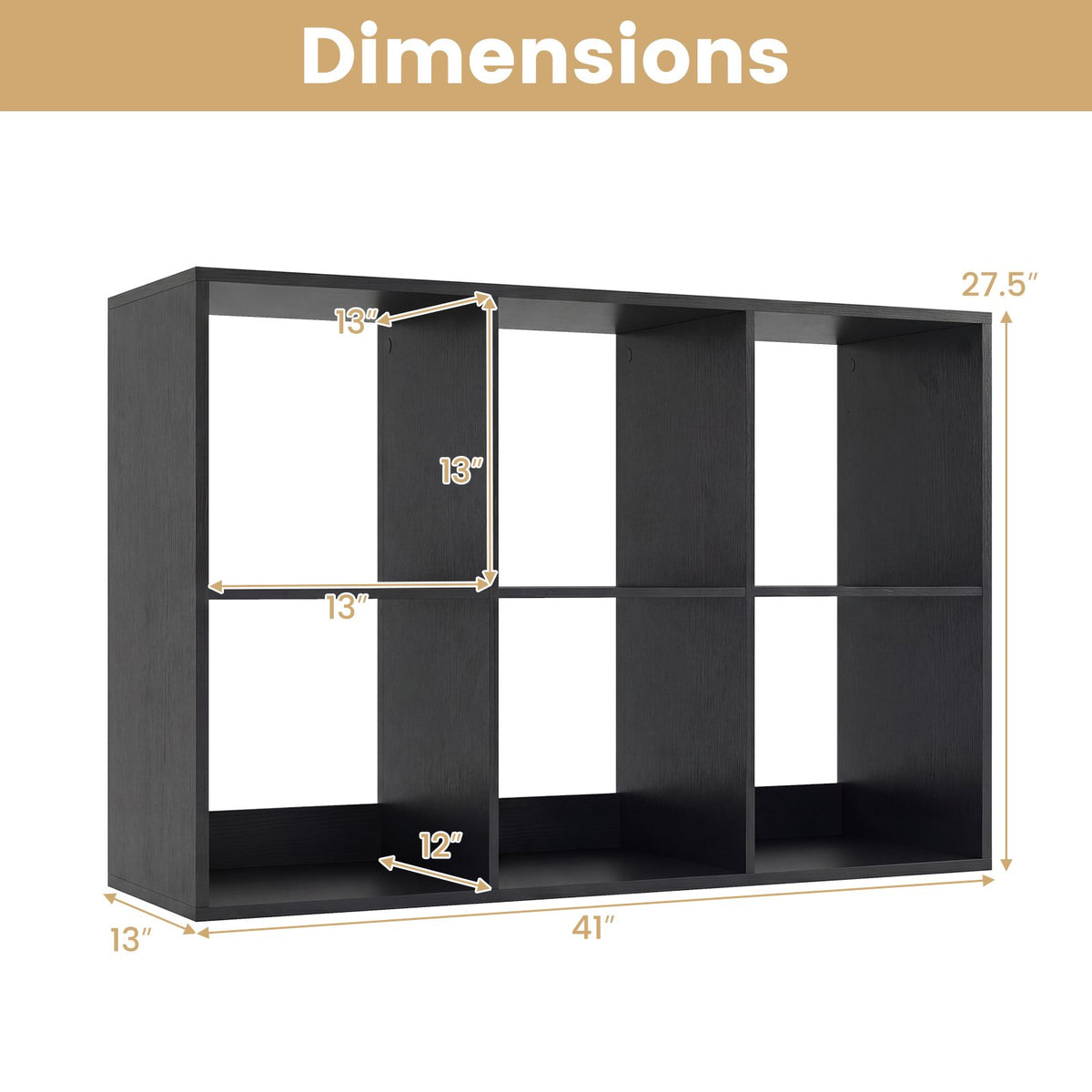 6 Cube Bookshelf with Back Guardrail for Living Room Bedroom-Black view 5