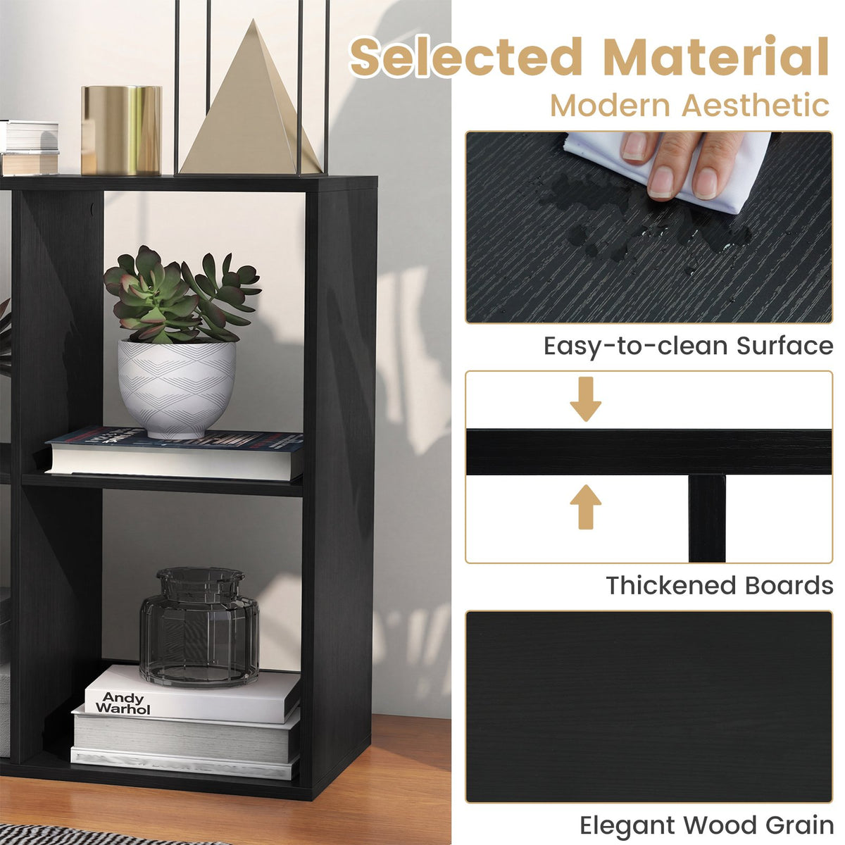 6 Cube Bookshelf with Back Guardrail for Living Room Bedroom-Black view 8