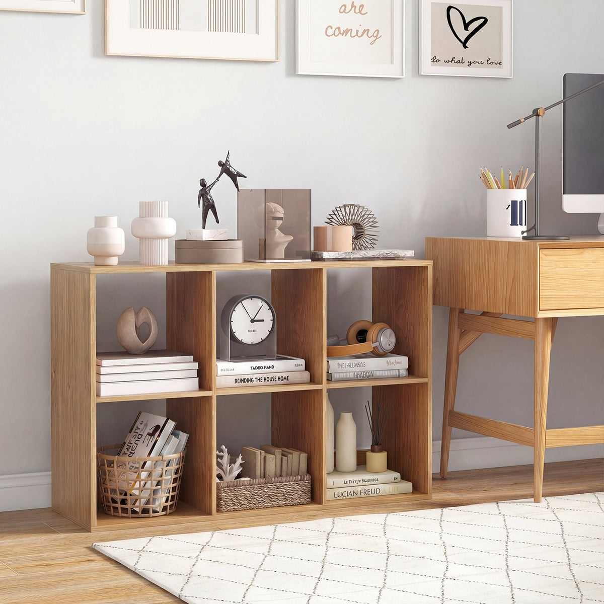 6 Cube Bookshelf with Back Guardrail for Living Room Bedroom-Natural view 2