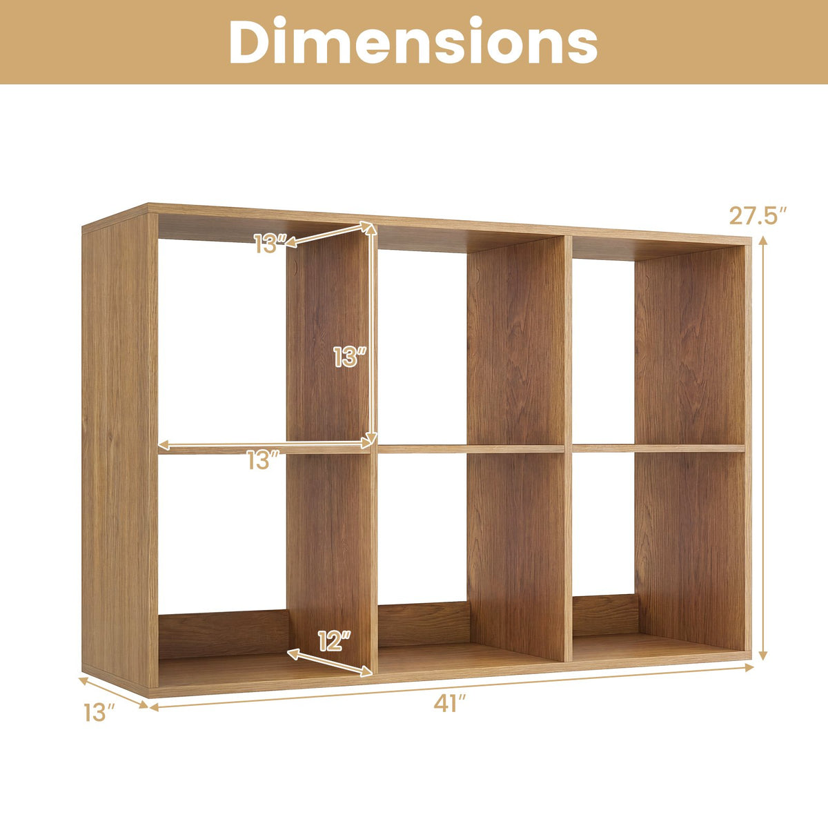 6 Cube Bookshelf with Back Guardrail for Living Room Bedroom-Natural view 5