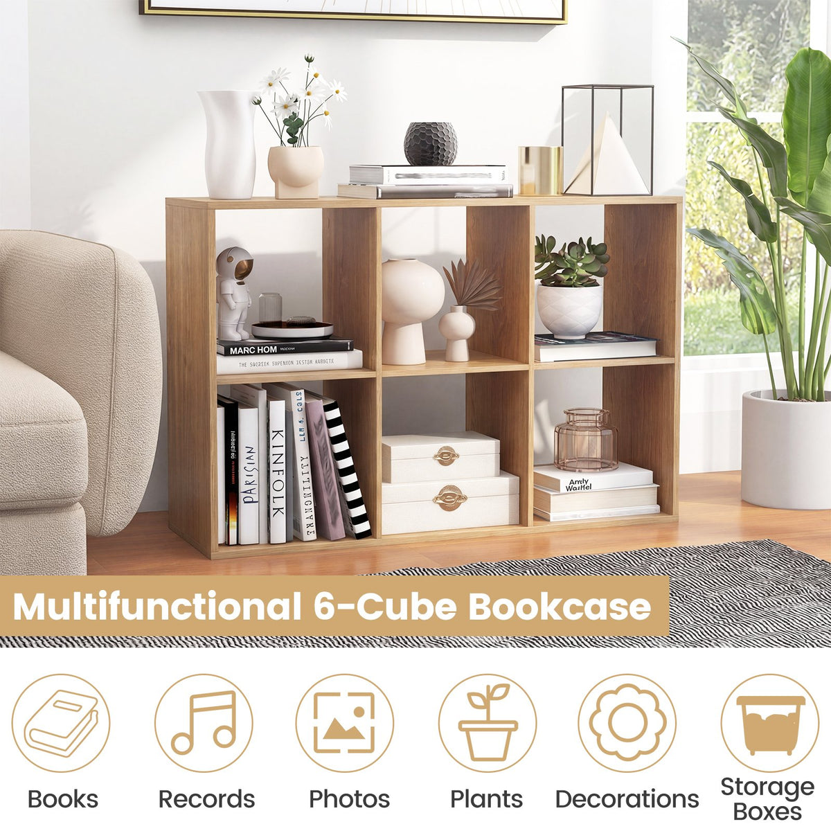 6 Cube Bookshelf with Back Guardrail for Living Room Bedroom-Natural view 6