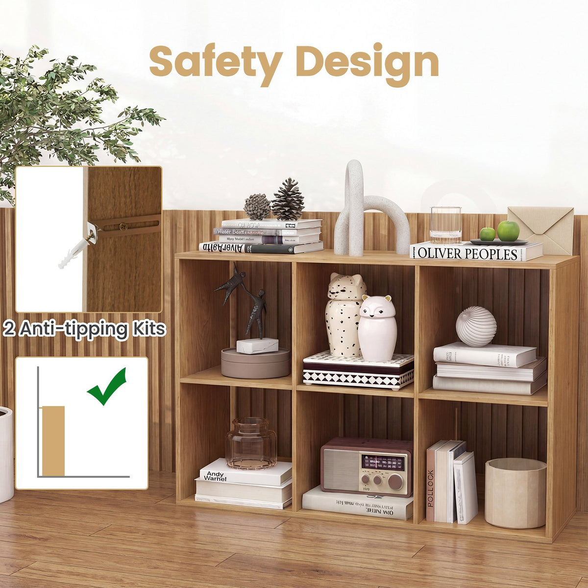 6 Cube Bookshelf with Back Guardrail for Living Room Bedroom-Natural view 7