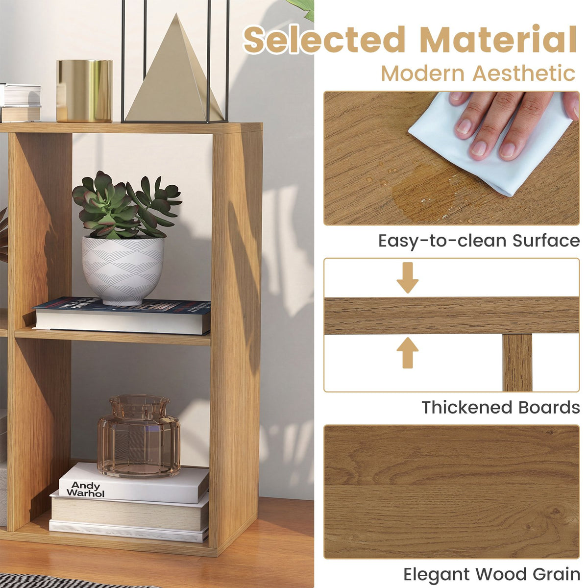 6 Cube Bookshelf with Back Guardrail for Living Room Bedroom-Natural view 8
