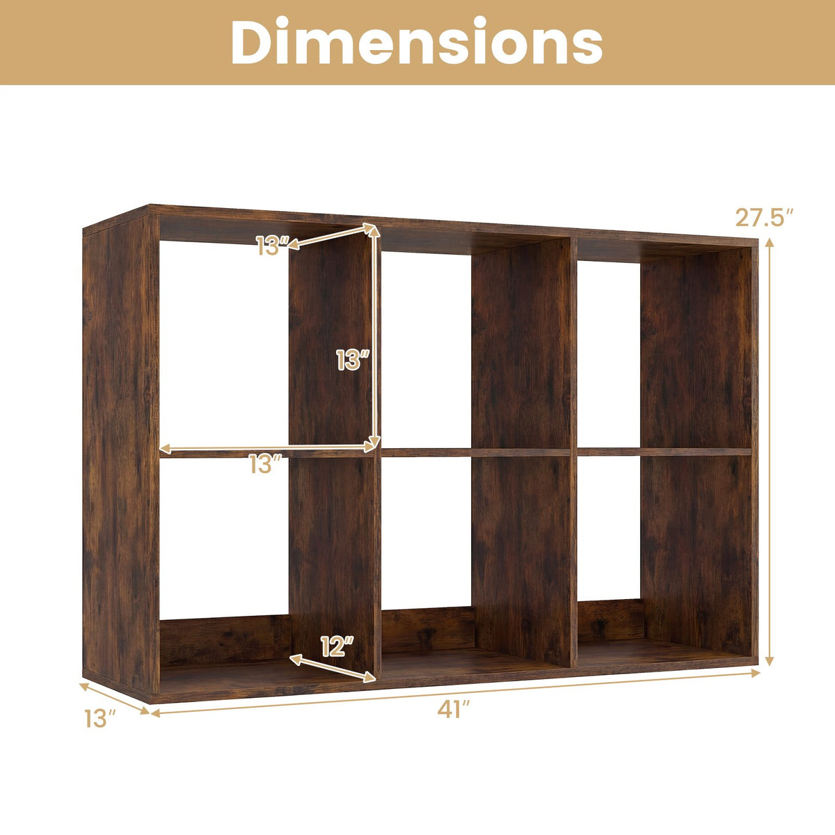 6 Cube Bookshelf with Back Guardrail for Living Room Bedroom-Rustic Brown view 5