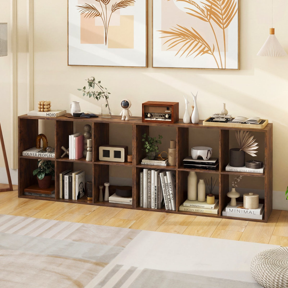 6 Cube Bookshelf with Back Guardrail for Living Room Bedroom-Rustic Brown view 6