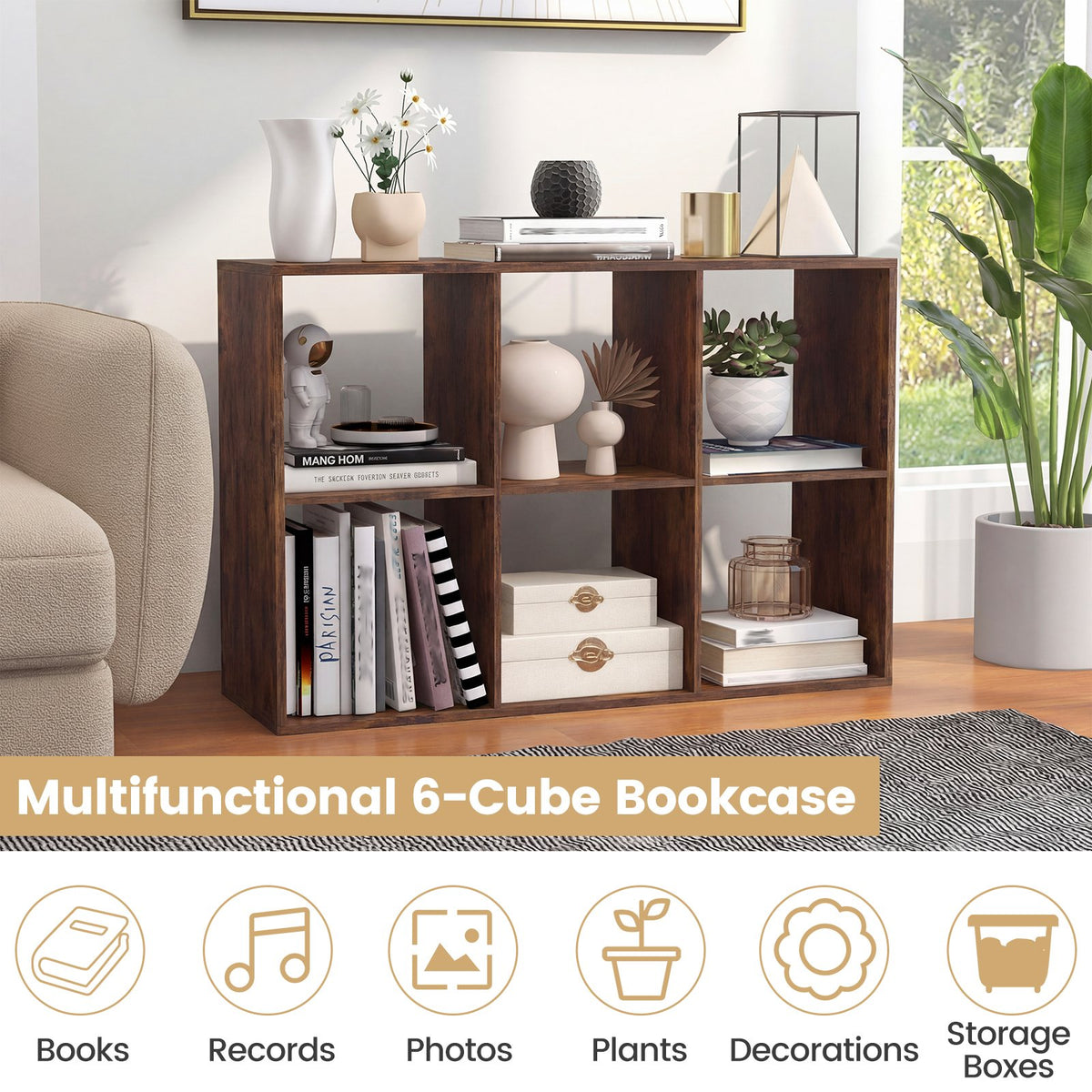 6 Cube Bookshelf with Back Guardrail for Living Room Bedroom-Rustic Brown view 7