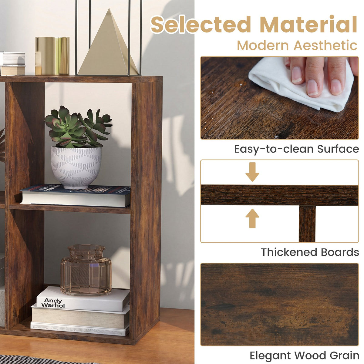 6 Cube Bookshelf with Back Guardrail for Living Room Bedroom-Rustic Brown view 8