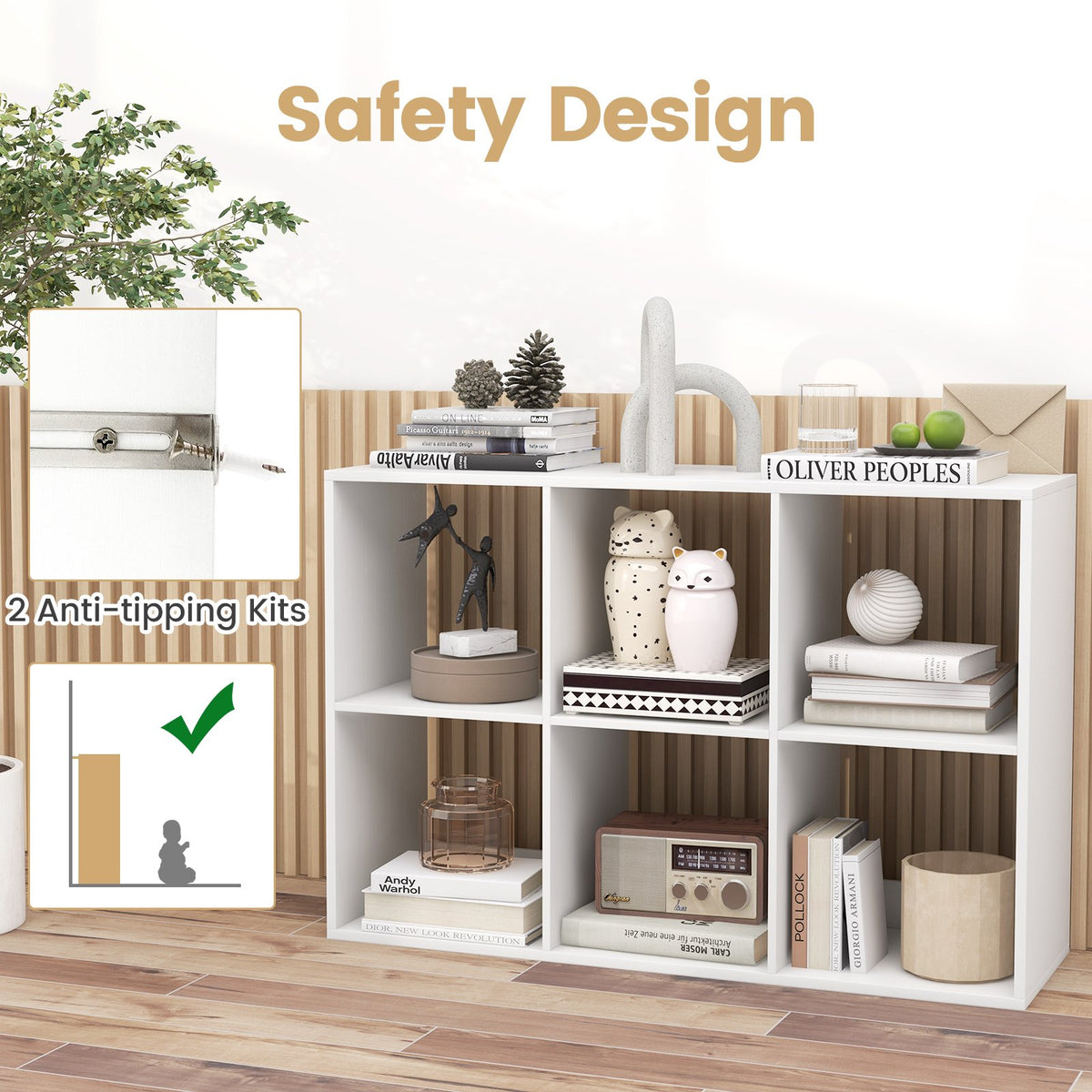 6 Cube Bookshelf with Back Guardrail for Living Room Bedroom-White view 7